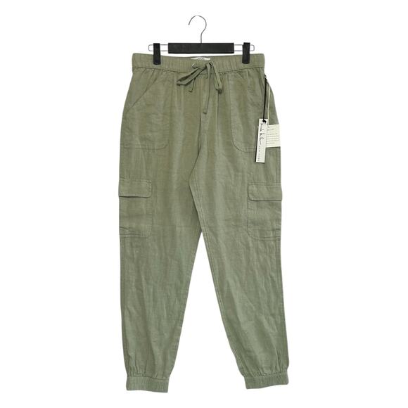 Nicole Miller Linen Cargo Jogger Pants NWT Women's Sz M Green Gorpcore Utility - Picture 1 of 7